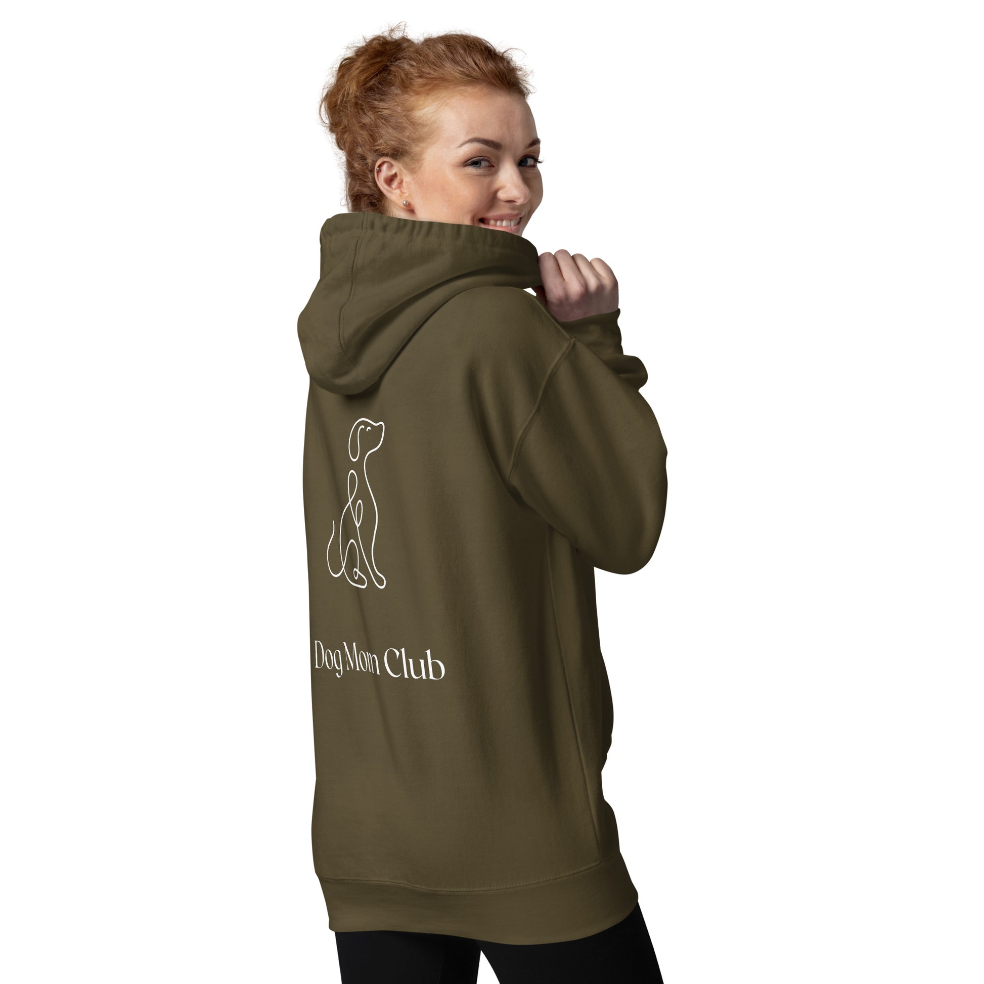 Femeie purtand hanorac personalizat olive green cu mesajul Life isnt perfect, but my dog is. DOG MOM CLUB
